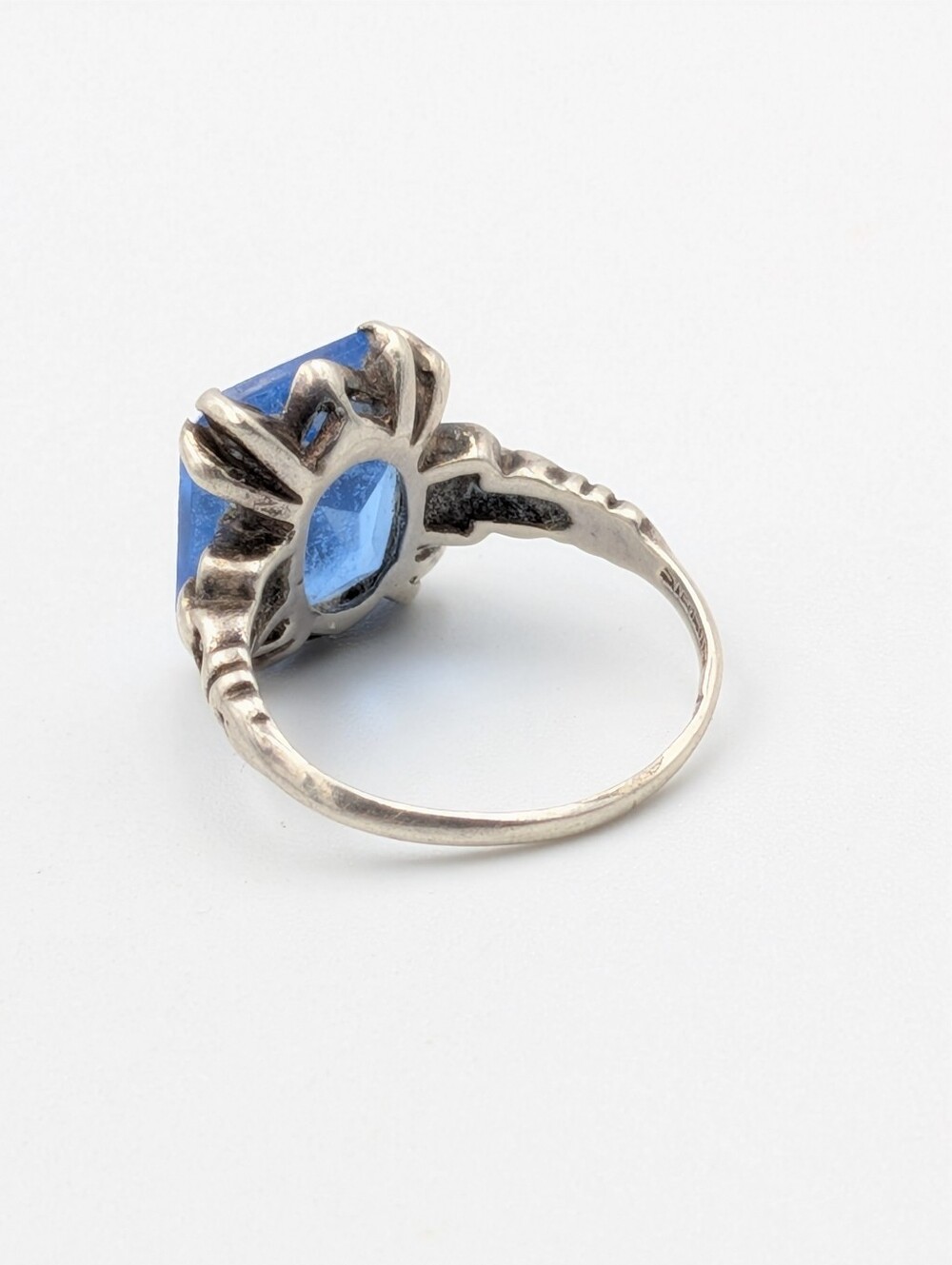 Antique Art Deco 925 sterling silver blue glass rhinestone ring - Picture 6 of 9